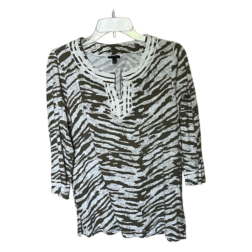 Talbots Cotton Blend Olive/Cream Zebra Print Top Shirt Blouse Size Medium
